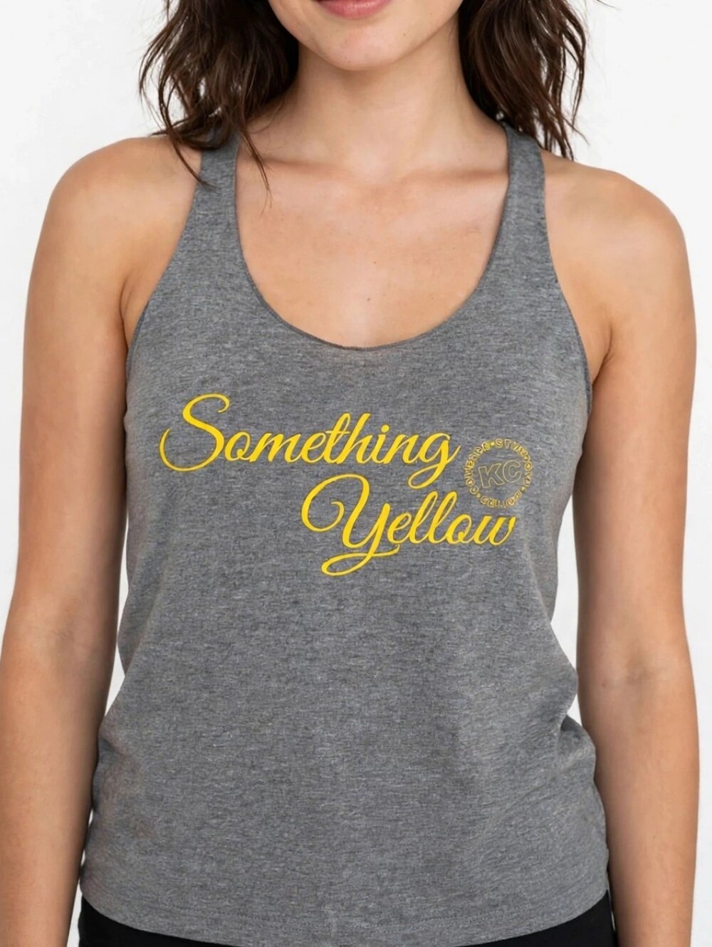 Tank Top Women's Gray Racerback Tank Size Large Active Something Yellow Print